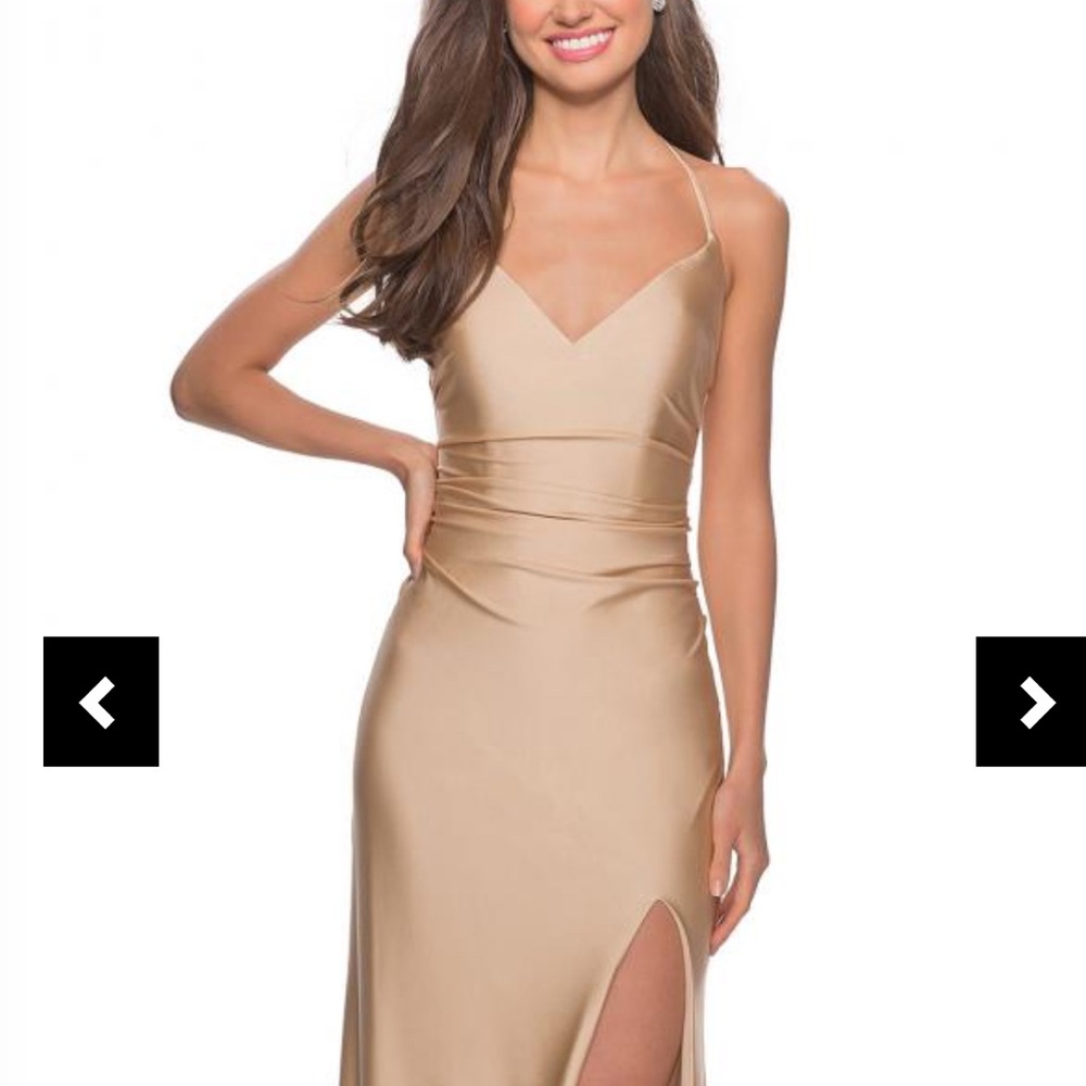 La Femme Champagne Satin Strapless Slip Gown with Slit